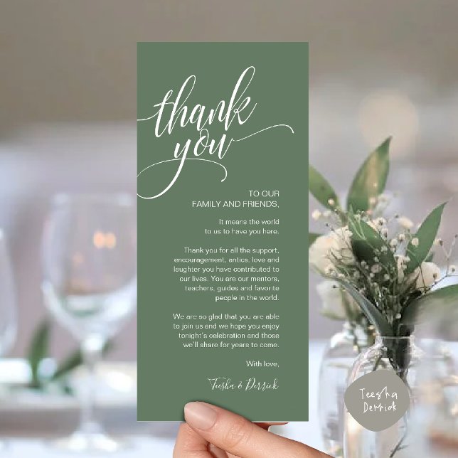 Janto de ensaio Obrigado Colocar o Cartão de Defin (Rehearsal Dinner Thank you Modern Classy Place Setting Card Sage Green)