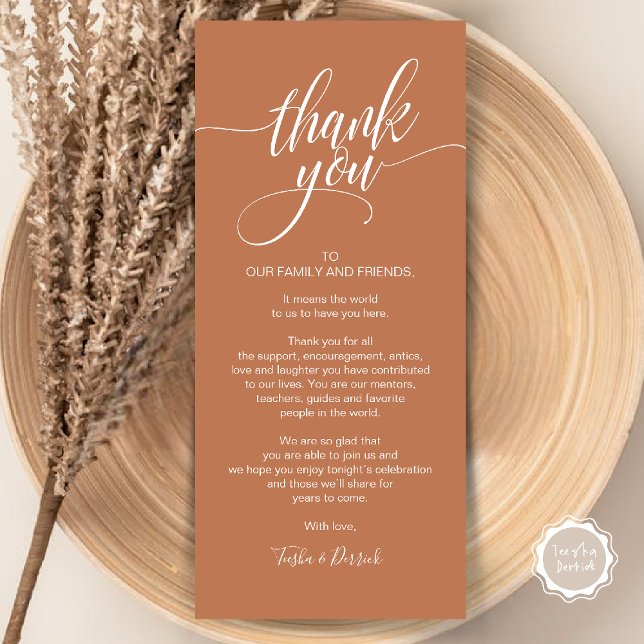 Janto de ensaio Obrigado Colocar o Cartão de Defin (Rehearsal Dinner Thank you Place Setting Card in Copper Brown)