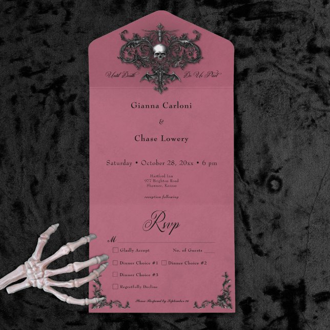 Janto de Filigree do Halloween Preto Gótico e Borg (Gothic Black & Burgundy Halloween Filigree Dinner All In One Invitation)