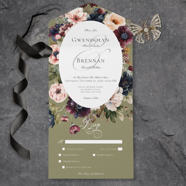 Janto de Frame Floral Oval Verde Escuro (Dark Moody Green Oval Floral Frame Dinner All In One Invitation)