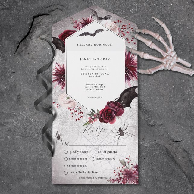 Janto de Hexágono do Halloween Preto Gótico e Borg (Gothic Black & Burgundy Halloween Hexagon Dinner All In One Invitation)