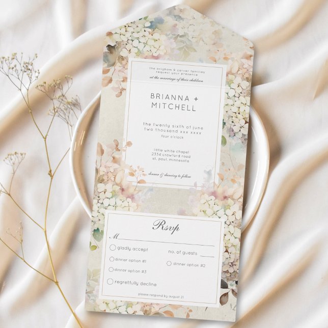 Janto de Hydrangeas neutro romântico (Romantic Neutral Vintage Hydrangeas Dinner All In One Invitation)