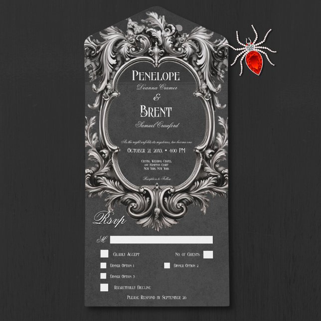 Janto de Quadros Vitoriano Negro Gótico (Gothic Black Moody Victorian Frame Dinner All In One Invitation)
