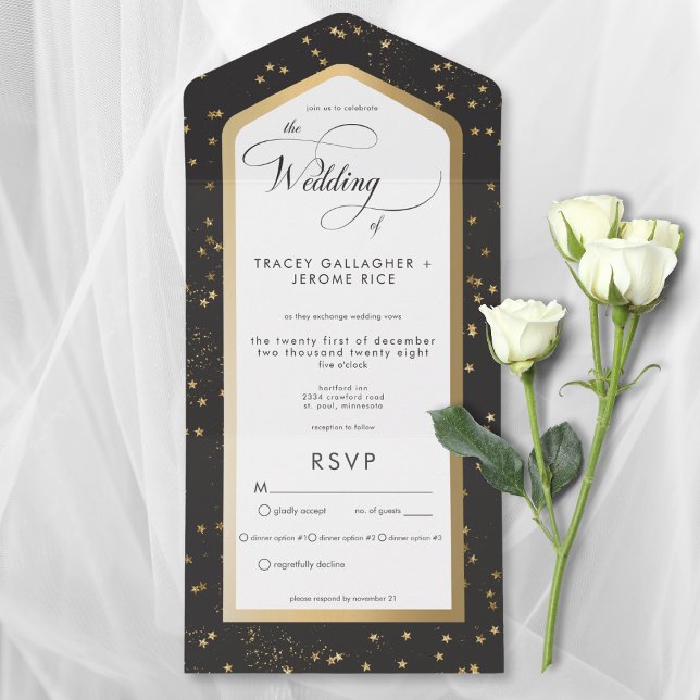 Janto Dourado preto e branco moderno (Modern Black & White Starry Gold All In One Wedding Invitation with Dinner Options)
