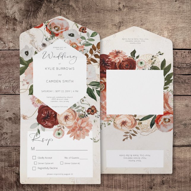 Janto Floral Boho Cream Burgundy Fall (Boho Cream Burgundy Fall Floral Dinner All In One Invitation)