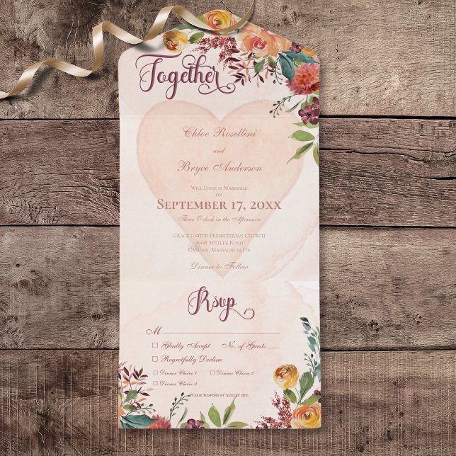 Janto Floral Boho Heart Peach Jewel (Floral Boho Heart Peach Jewel All In One Wedding Invitation with Dinner Selection Options)