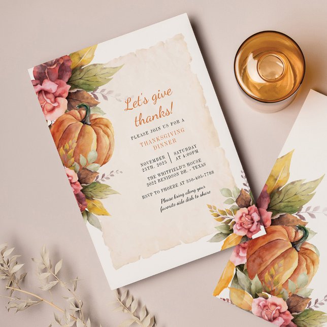 Janto Floral de Ação de Graças de Pumpkin Orçament (Fall Floral Pumpkin Thanksgiving Dinner Invitation)