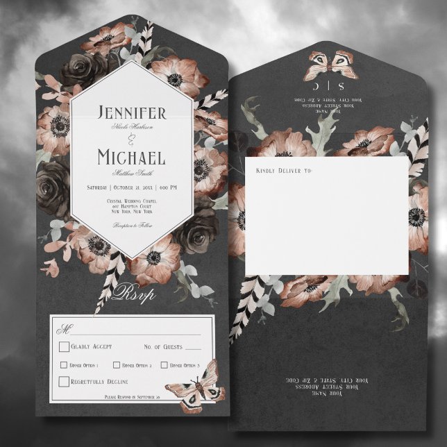Janto Floral Gótico Boho Moth Black & Brown (Gothic Boho Moth Black & Brown Floral All In One Wedding Invitation with Dinner Options)
