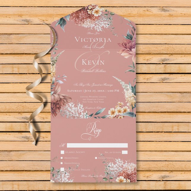 Janto Floral Moderno Romântico do Jardim Rosa (Modern Romantic Pink Garden Floral Dinner All In One Invitation)