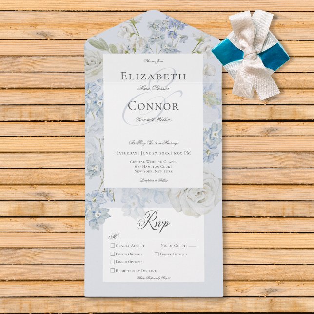 Janto Floral Romântico Azul e Jardim Branco (Romantic Soft Blue & White Garden Floral Dinner All In One Invitation)
