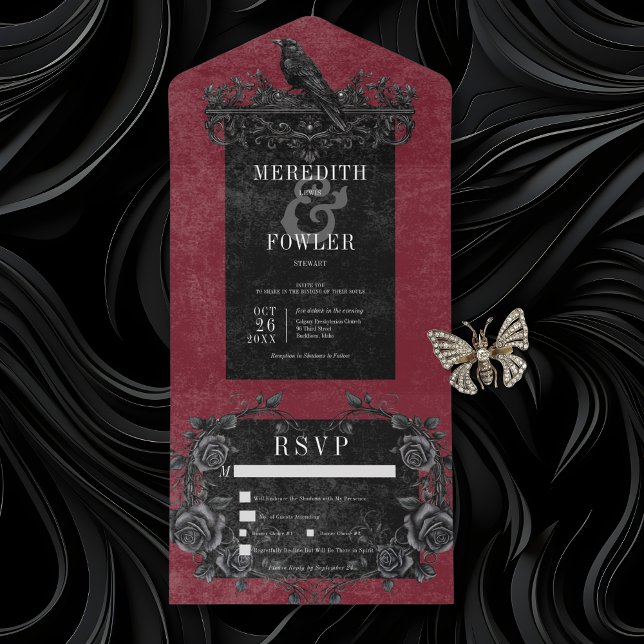 Janto Gótico de Rosas Negras Raven & Black (Gothic Black Rave & Black Roses Wine All In One Wedding Invitation with Dinner Options)
