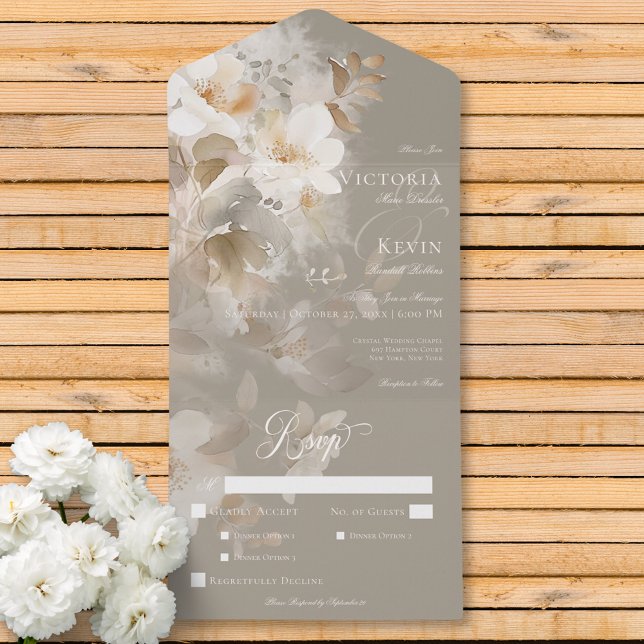Janto Inverso Romântico Beige Neutro (Romantic Ethereal Neutral Beige Floral Dinner All In One Invitation)