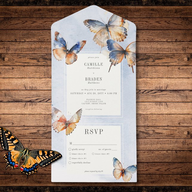Janto Mínimo Moderno de Borboletas Azuis e Ruas (Modern Minimal Blue & Rust Butterflies Dinner All In One Invitation)