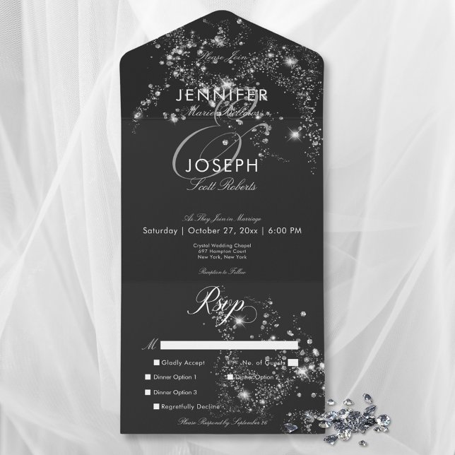 Janto Moderno de Óculos Pretos e Brancos (Modern Black & White Glam Diamonds Dinner All In One Invitation)