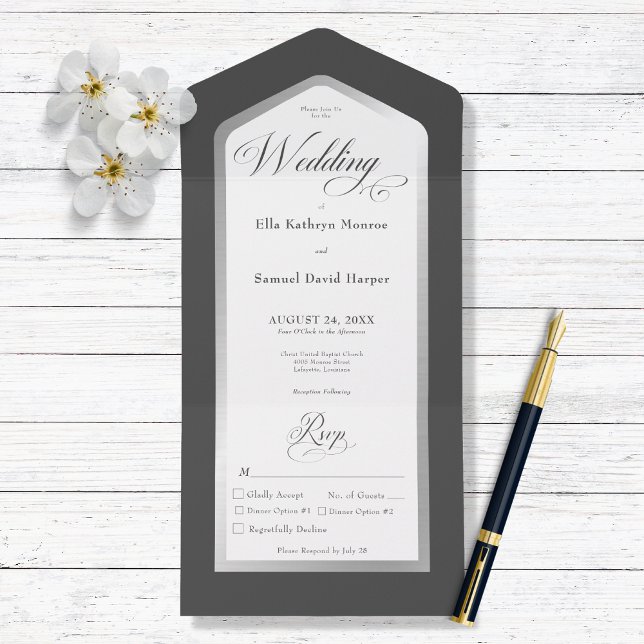 Janto Moderno Mínimo de Prata Negra e Branca (Minimal Black & White Modern All in One Wedding Invitation with Dinner Options)