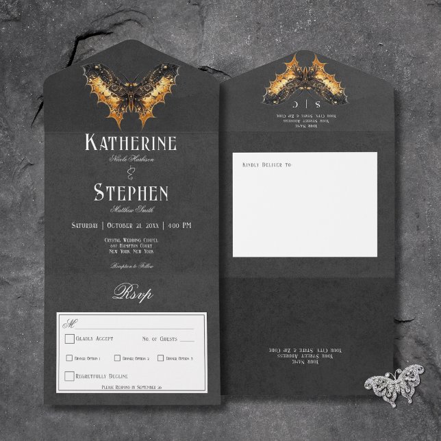 Janto Moody Dourado e negro da Gótica (Gothic Black & Gold Moth Moody All In One Wedding Invitation with Dinner Options)