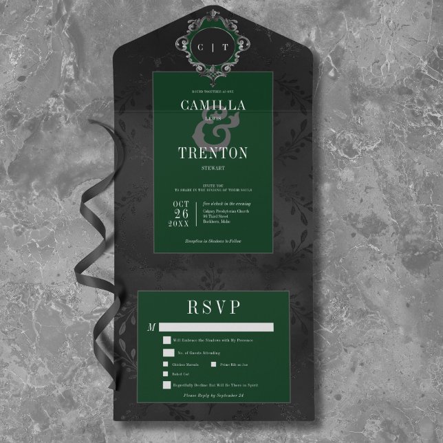 Janto Negro Gótico Escuro e Satanás Floral Verde (Dark Gothic Black & Green Floral Satin Dinner All In One Invitation)