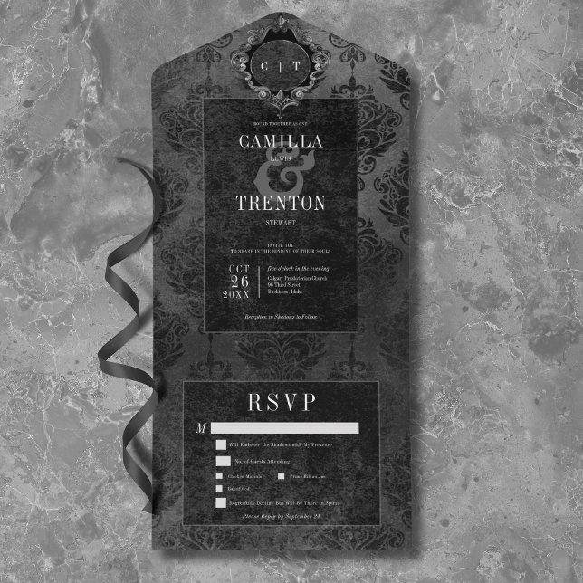 Janto Preto e Negro Gótico Escuro (Dark Gothic Black & Black Damask Dinner All In One Invitation)