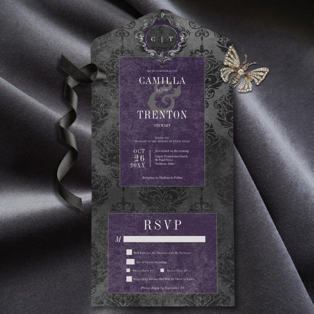 Janto preto e roxo gótico escuro (Also available with a QR code or without dinner selection options.)