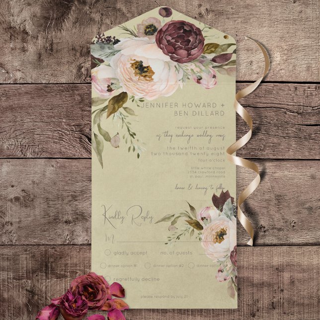 Janto Rosa-Rosa-Rosa-Creme-Vintage (Burgundy Cream & Pink Vintage Peonies Sage All In One Wedding Invitation with Dinner Options)