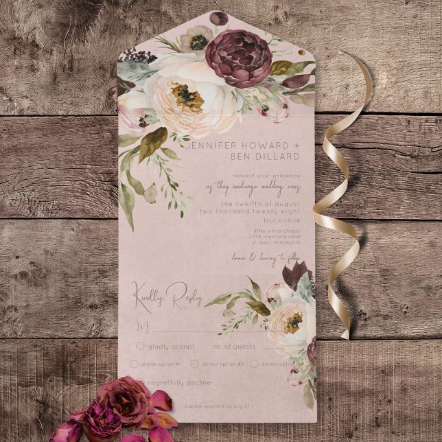 Janto Rosa-Rosa-Rosa-Creme-Vintage (Burgundy Cream & Pink Vintage Peonies Pink All In One Wedding Invitation with Dinner Options)