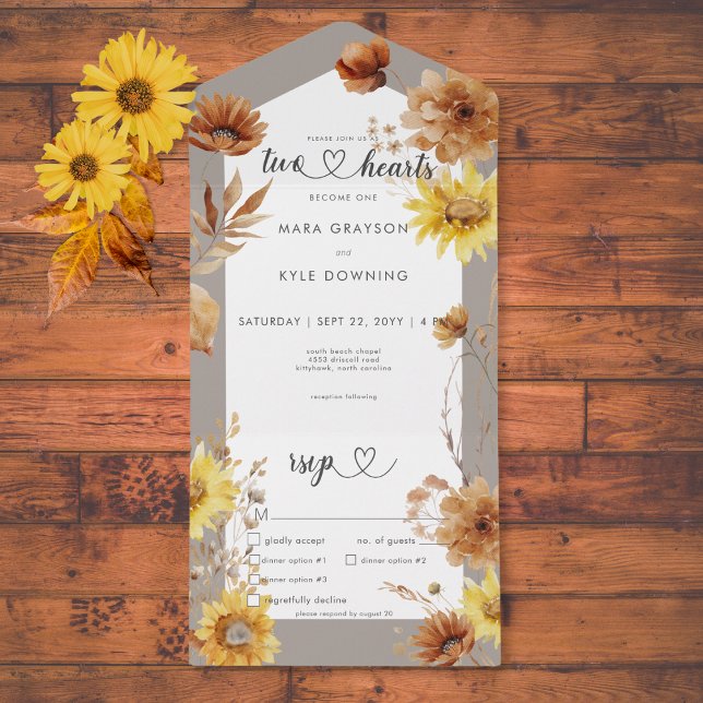 Janto Russo de Girassol e Girassol (Rustic Autumn Sunflower Taupe & White Dinner All In One Invitation)