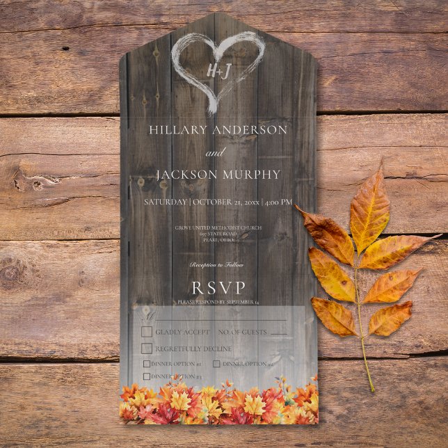 Janto Rustic Barnwood & Fall Leaves (Rustic Barnwood & Fall Leaves Dinner All In One Invitation)