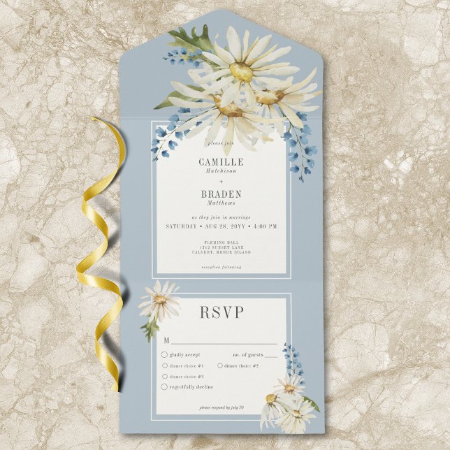 Janto Rustic Blue & White Watercolor Daisies (Rustic Blue & White Watercolor Daisies Dinner All In One Invitation)