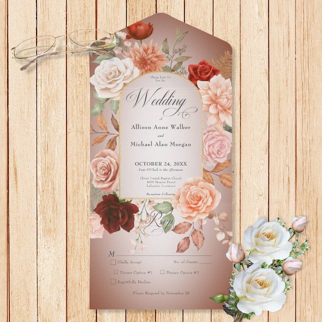 Janto Rustic Boho Rust & Peach Floral Arch Rust (Also available with a QR code or without dinner selection options.)