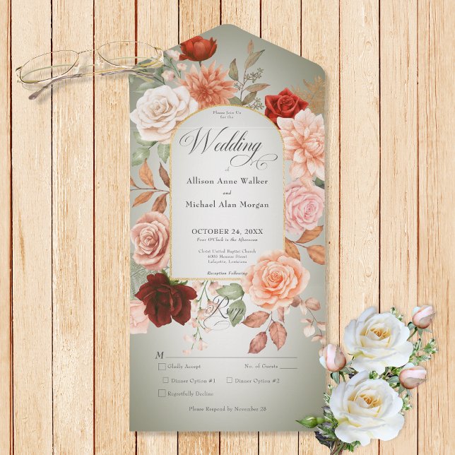 Janto Rustic Boho Rust & Peach Floral Arch Sage (Also available with a QR code or without dinner selection options.)