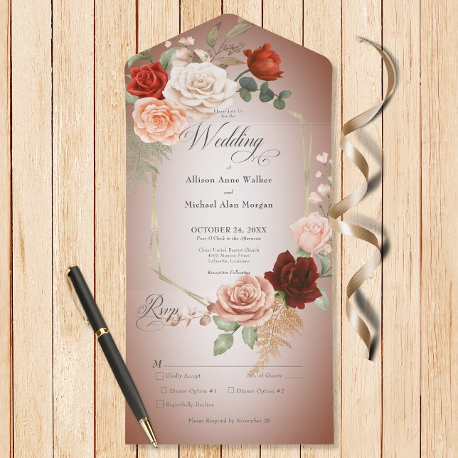 Janto Rustic Boho Rust & Peach Floral Frame Rust (Also available with a QR code or without dinner selection options.)