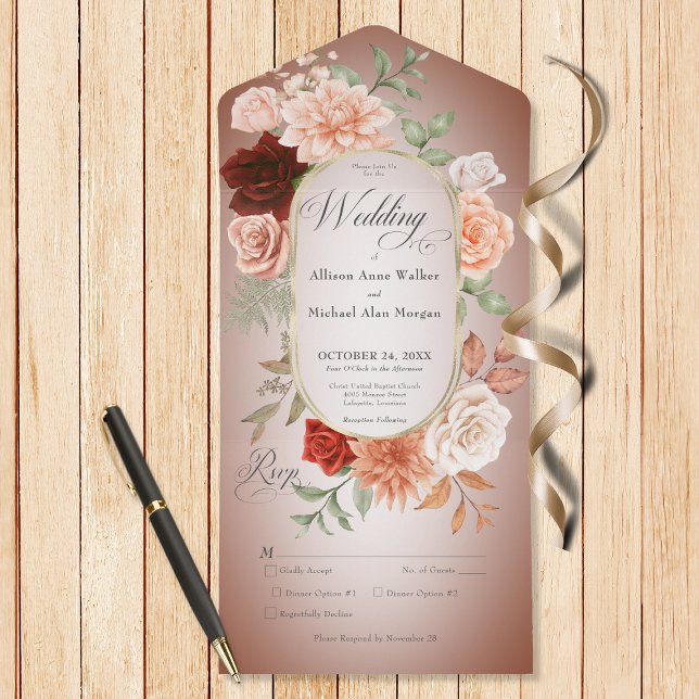 Janto Rustic Boho Rust & Peach Floral Oval Rust (Also available with a QR code or without dinner options.)
