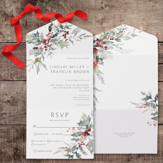 Janto Rustic Winter Holly Berries & Snow (Rustic Winter Holly Berries & Snow All In One Wedding Invitation with Dinner Options)