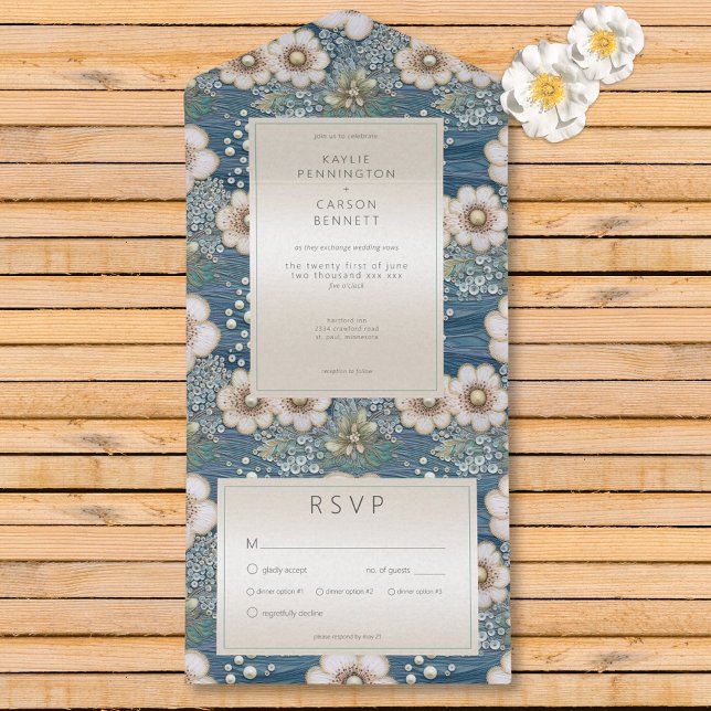 Janto Satírico Floral do Oceano Moderno e Pérolas (Modern Ocean Floral Satin & Pearls Dinner All In One Invitation)