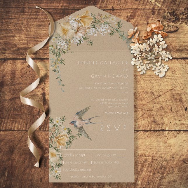 Janto Vintage Floral & Bird Tan (Also available with a QR code or without dinner selection options.)