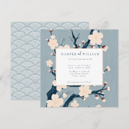 Japandi flores, convite para casamento azul e rosa