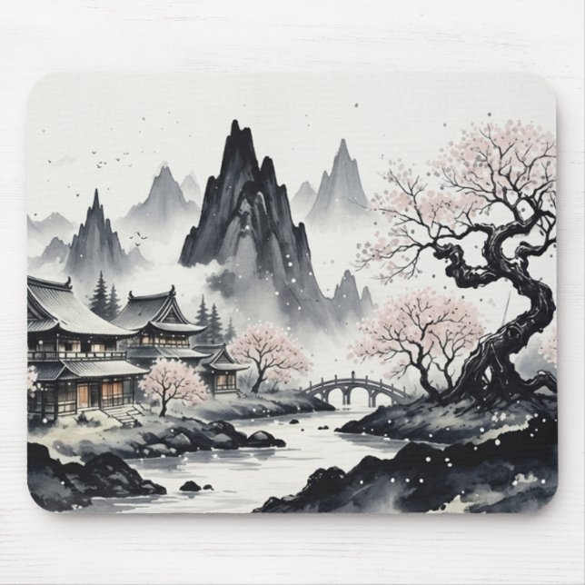 Japanese Ink Wash Landscape Mouse Pad - Zen Sakura (Frente)