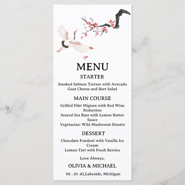 Japanese Red-Crowned Crane Wedding Menu Card  (Frente)