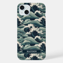 Japanese Waves Print Monogrammed