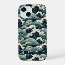 Japanese Waves Print Monogrammed