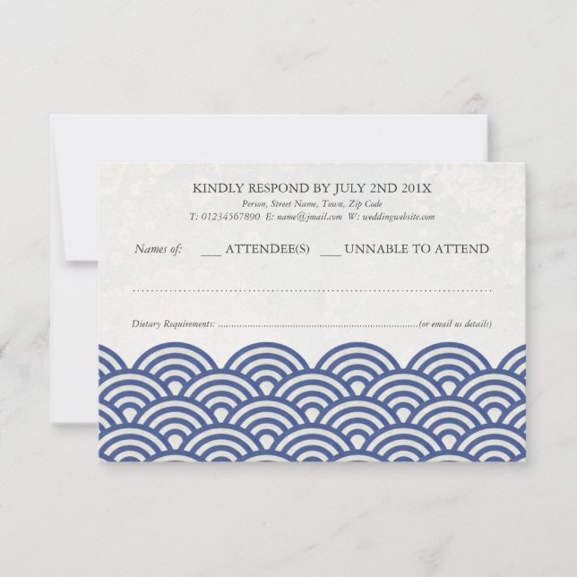 Japonês Seigaiha Waves Elegant Beach Wedding RSVP (Frente)