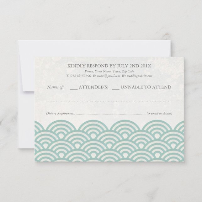 Japonês Seigaiha Waves Elegant Beach Wedding RSVP (Frente)