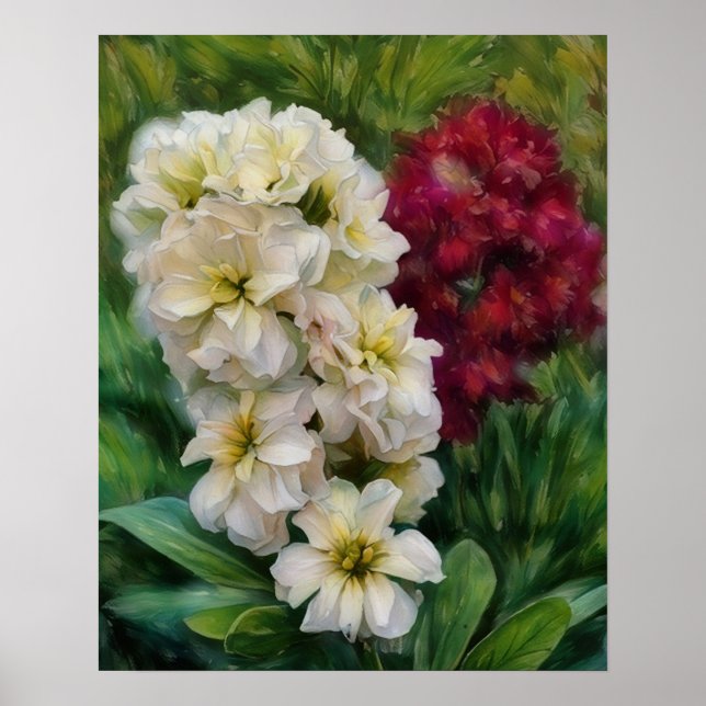 Jardim de Flores Brancas e Vermelhas Poster de Art (Frente)