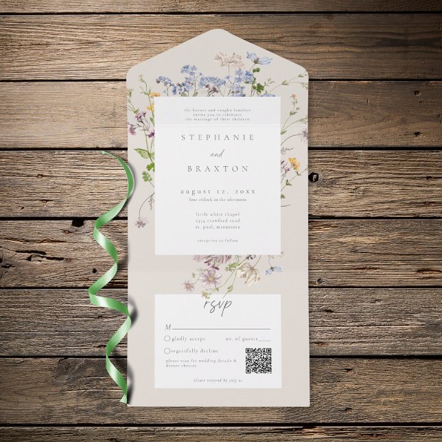 Jardim de Flores Silvestres Creme Elegante Casamen (Cream Wildflower Garden Elegant Wedding QR All In One Invitation)