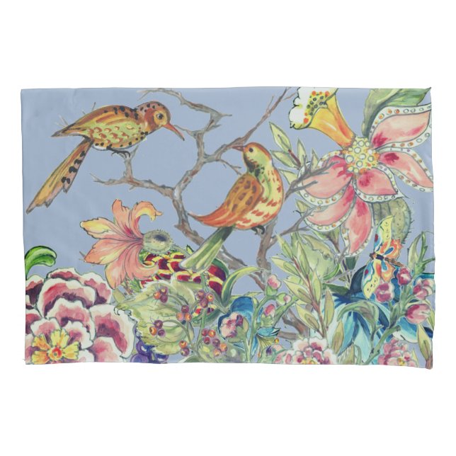 Jardim Floral Oriental com Aves Chinoiserie Azul (Frente)