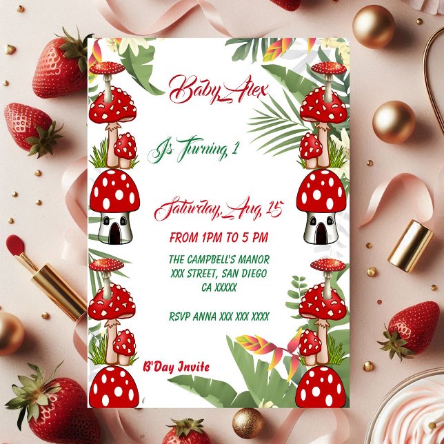 Jardim Toadstool primeiro aniversario de Folhagem  (Garden Toadstool Green Foliage Baby 1st Birthday Cards)