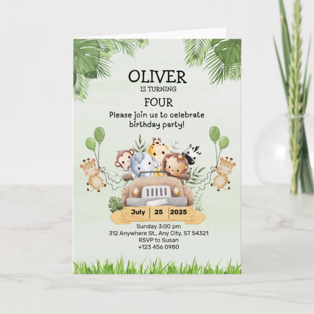 Jardim Zoológico Animal Aniversário 4º Convites Ca (Frente)