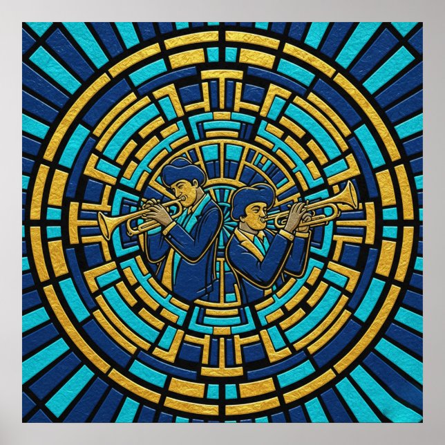 Jazz Trumpeters Poster Blue and Gold Stained Glass (Frente)