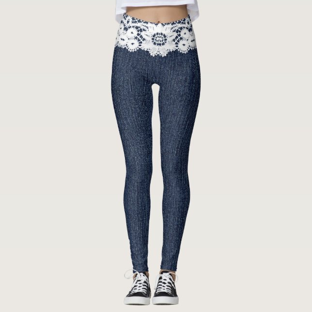Jeans azuis falsos Leggings brancas de lacre (Frente)