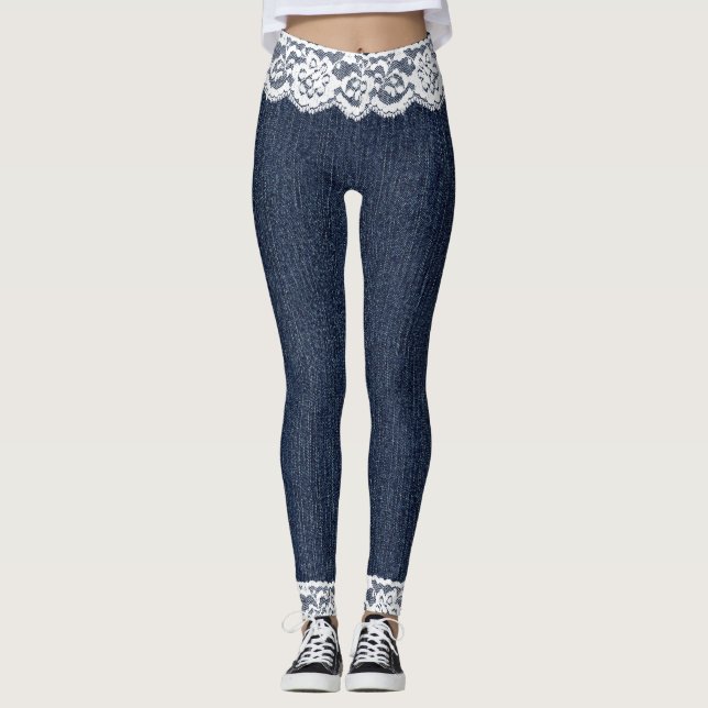 Jeans azuis falsos Leggings brancas de rendas (Frente)